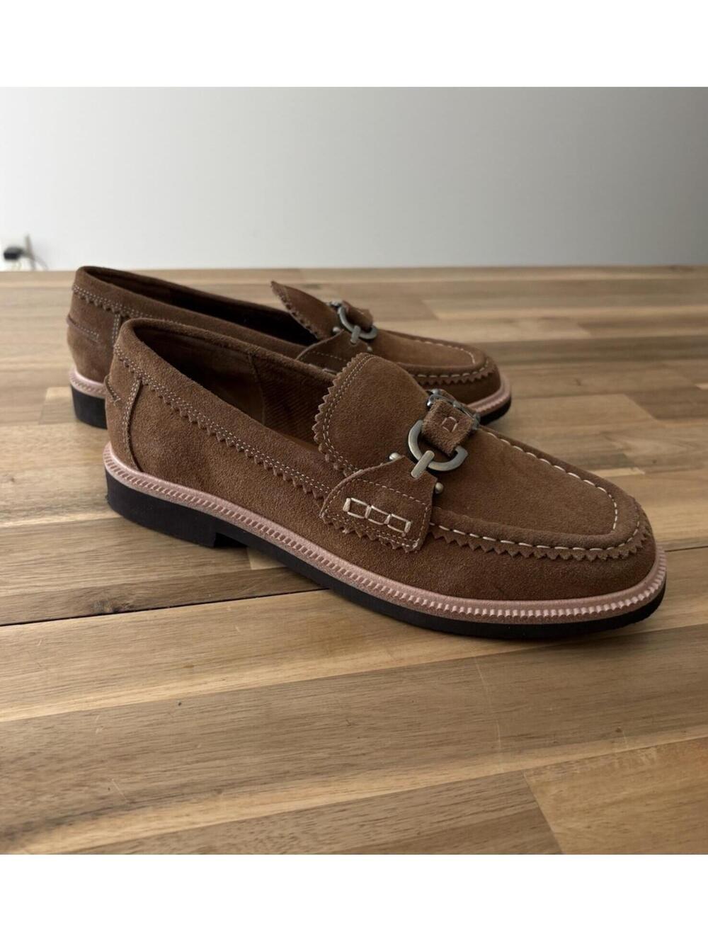 Donald Pliner Helio Brown Suede Leather Buckle Loafers Platform Shoes Sz 7.5 New